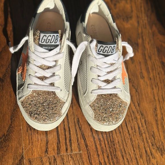 Little Girl Golden Goose Glitter Sneakers with Orange Accent